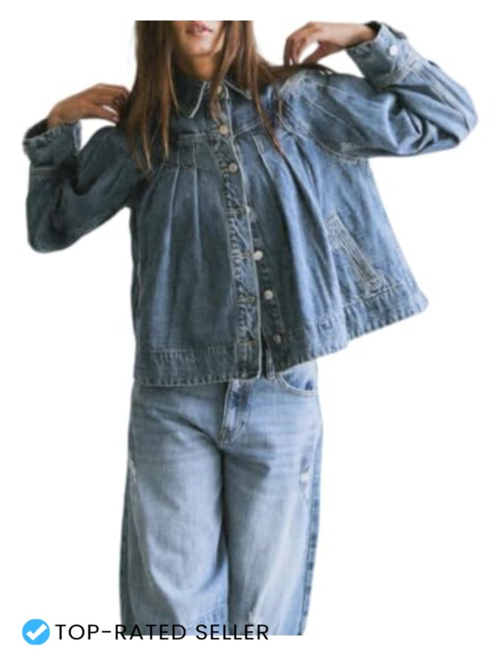 Women's Cropped Denim Jacket Long Sleeve Button Down Pleated Jean Jacket With